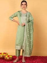 Women Green Silk Blend Solid Embroidered Straight Suit Set
